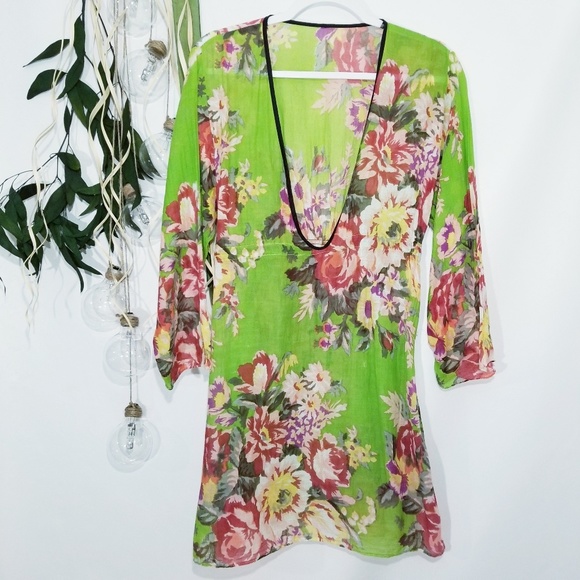 Other - Green Floral Swimsuit Coverup Tunic Dress Plunging